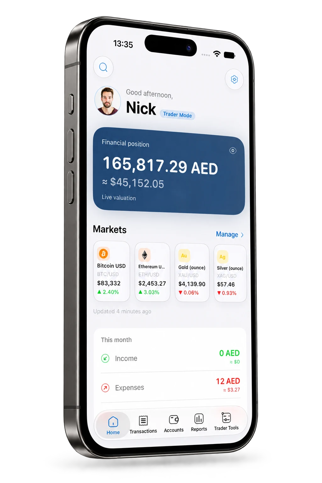 Alper Money personal finance dashboard on iPhone