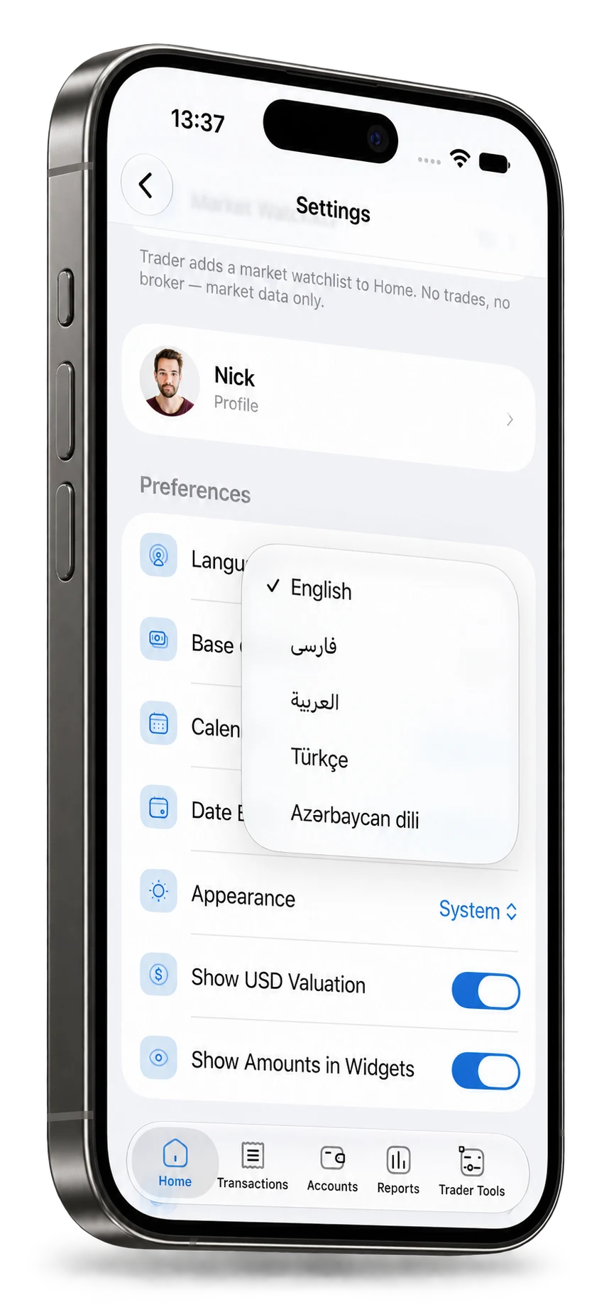 Alper Money language options