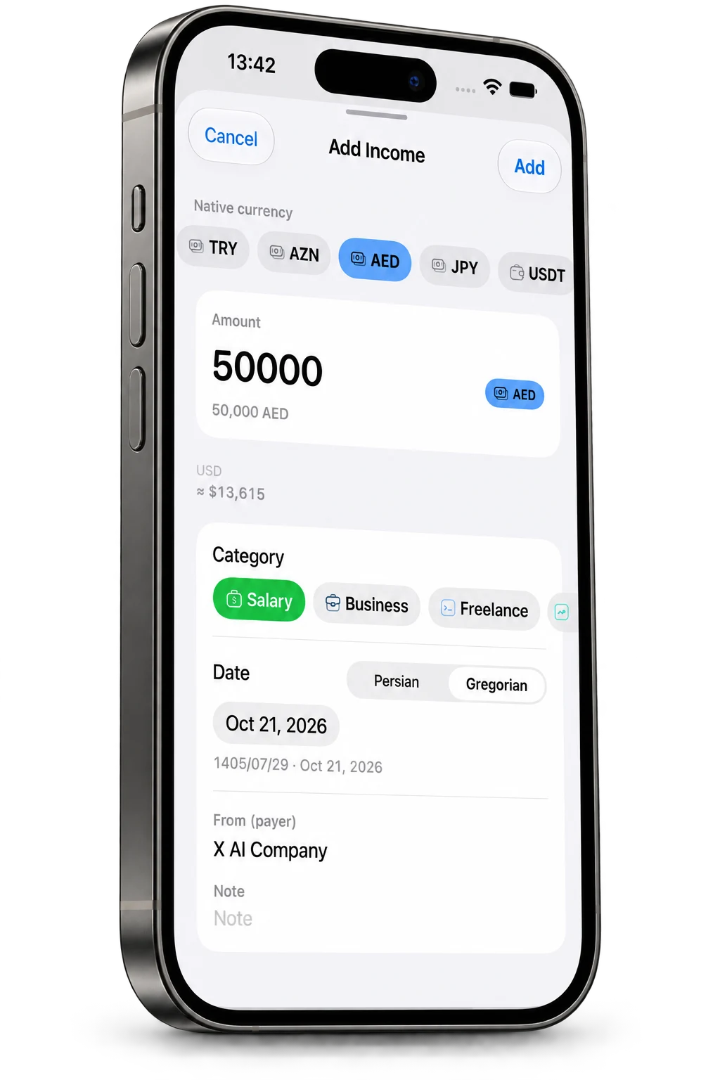 Multi-currency income entry