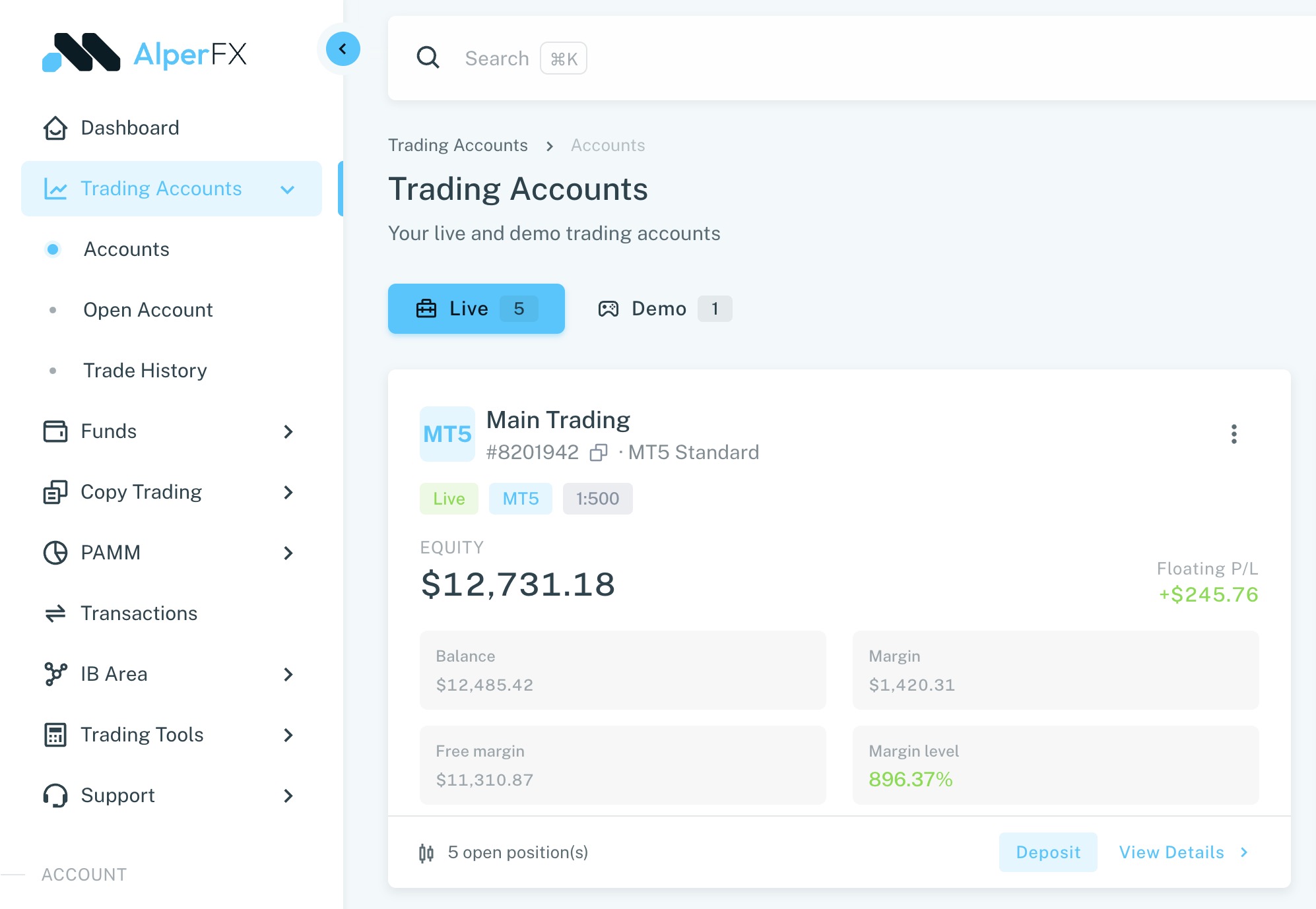 FXBO Web Dashboard trading accounts